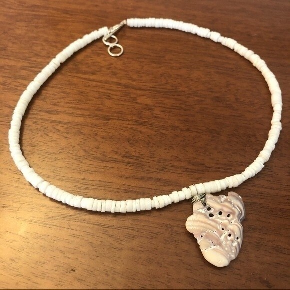 Handmade Necklace White Wire-Wrapped Found Shell Pendant with Puka Shell Beads - Picture 2 of 5